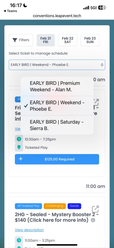 First, select the badge you wish to purchase events for! This step is critical to start the registration process. Select the badge from the top of your mobile device.